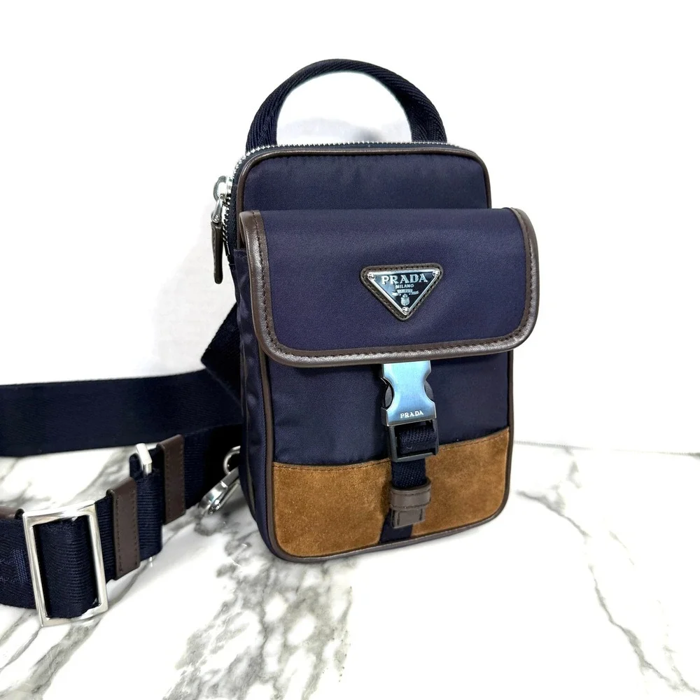 Prada Re-Nylon Leather Smartphone Case Shoulder Bag 2ZH194 Blu Caffe Navy Brown
